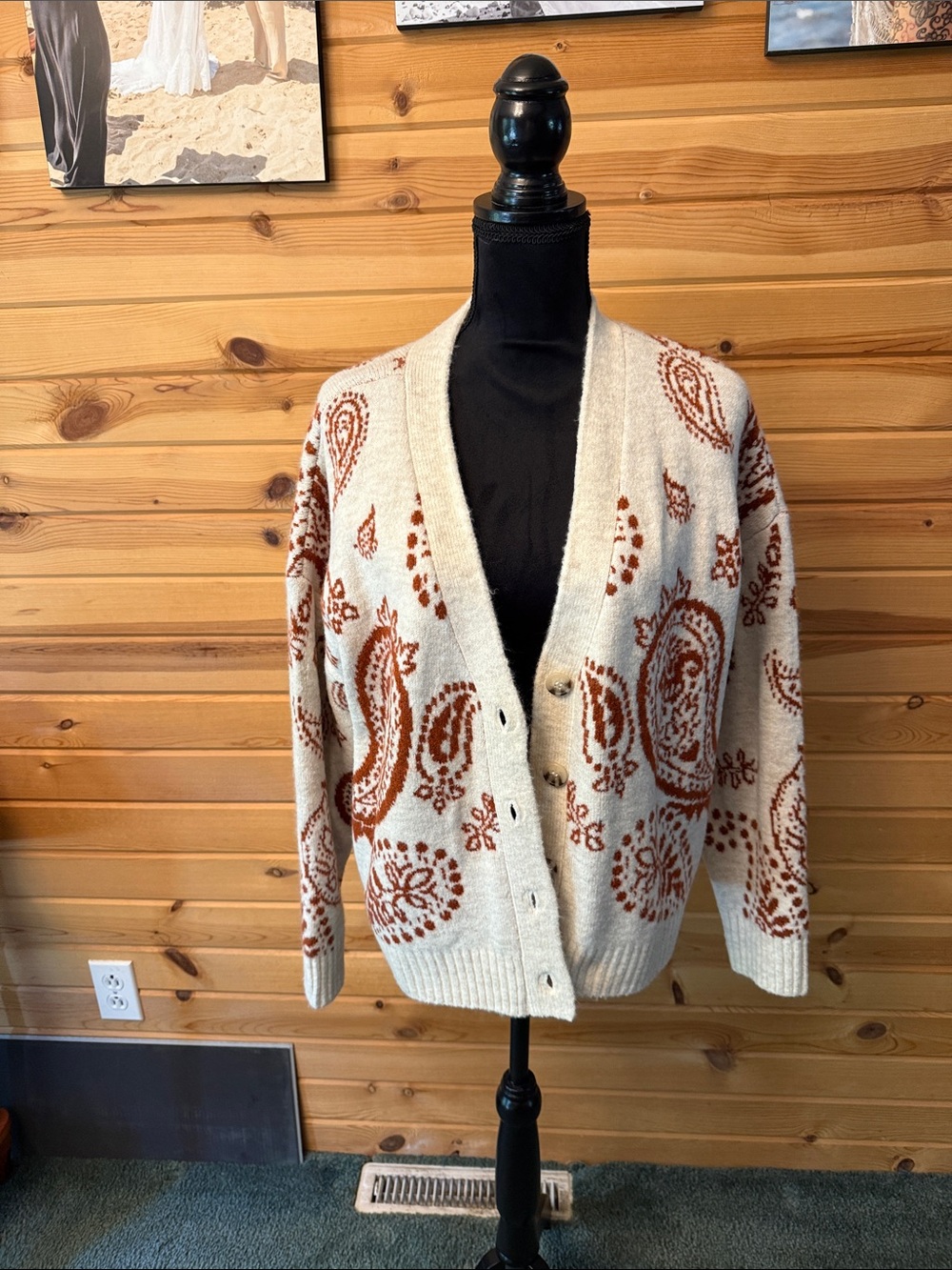 a.n.a Cream Cardigan with Rust Paisley Print